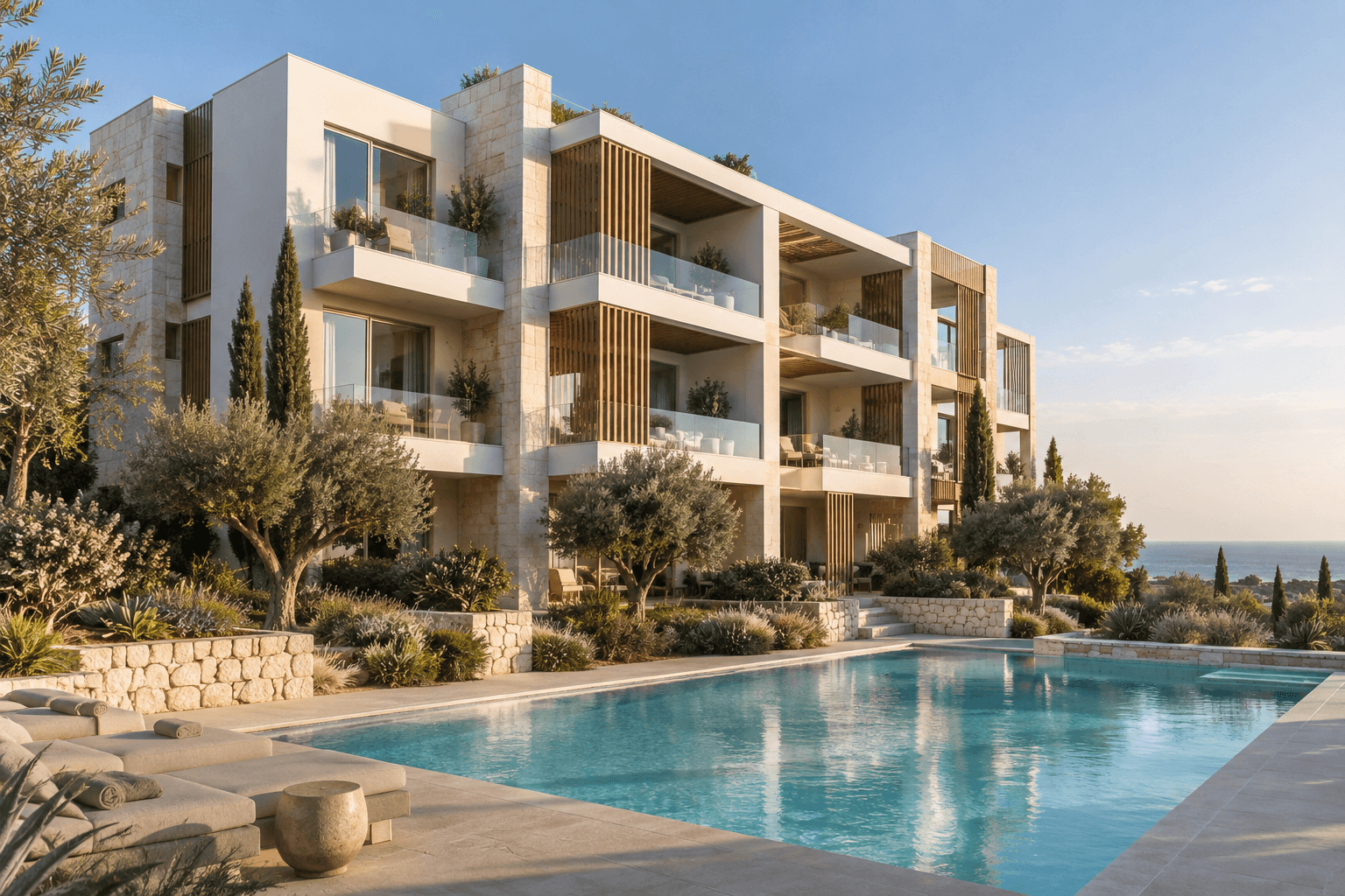 Illustrative Aster Gardens residence with terraces, planting and a pool